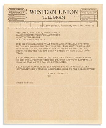 KENNEDY, JOHN F. Typed Letter Signed, Jack, as Senator, to William Kelly,
